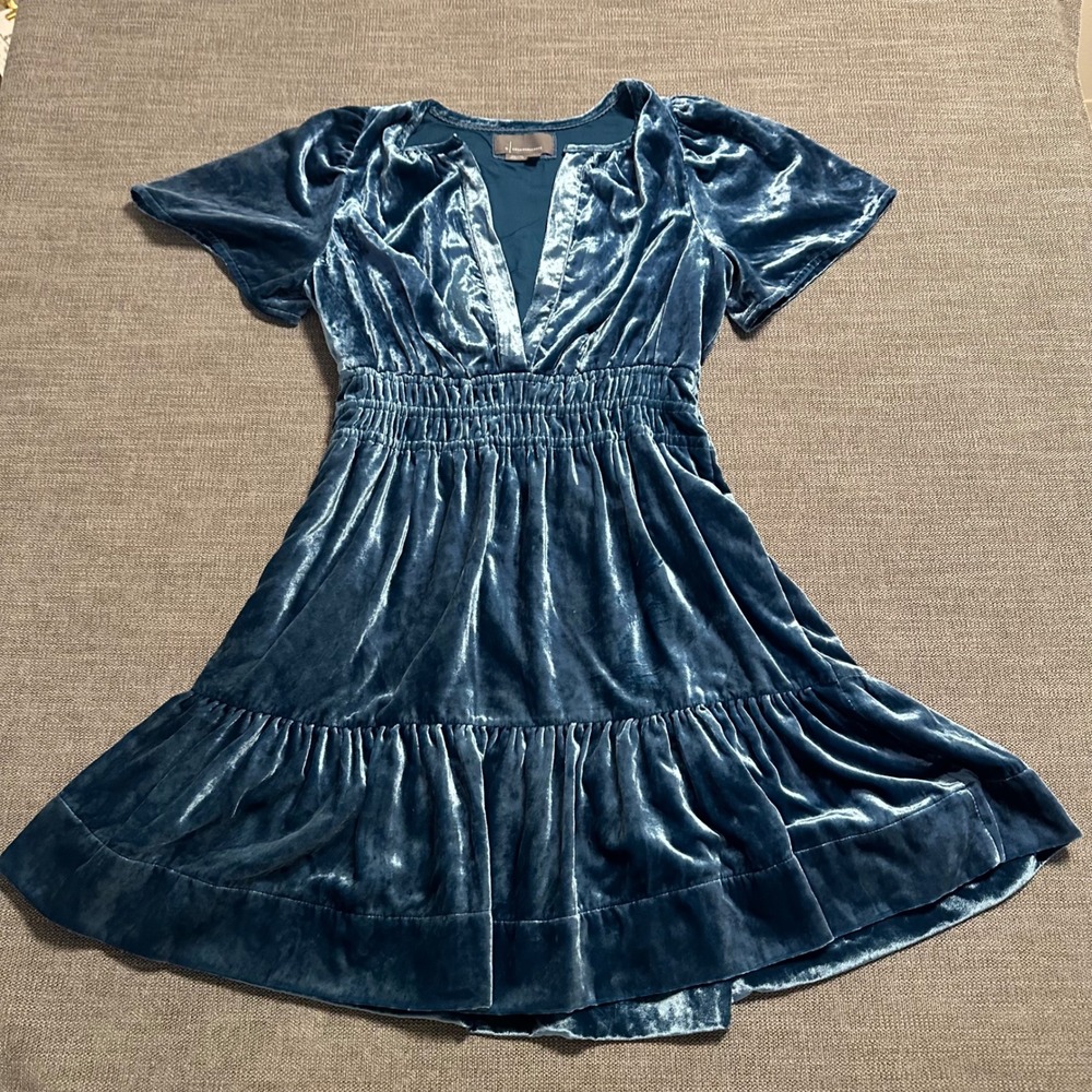Anthropologie Velvet Dress Womens Small Blue Smocked V-Neck Ruffle Mini